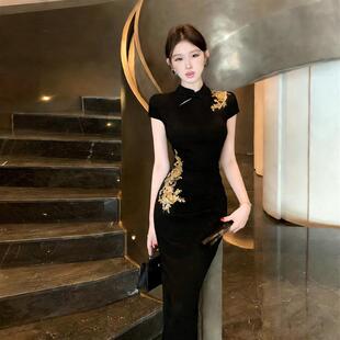 连衣裙潮 性感包臀开叉修身 新中式 复古立领微弹拼接黑色旗袍裙时尚
