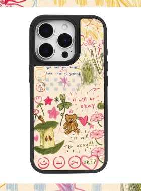 可爱复古手绘苹果小熊手机壳适用苹果iPhone16/15pro手机壳15plus光滑14promax黑框12pro文艺11玻璃1413pro