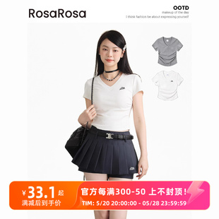 薄款 RosaRosa 2024夏季 显瘦收腰设计正肩T恤女 白色V领短袖 修身