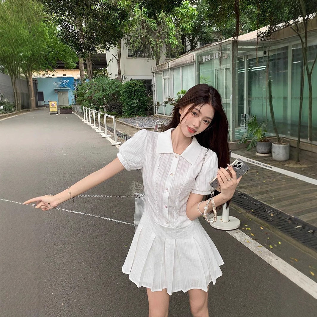 学院风白色泡泡袖衬衫连衣裙女2025夏季气质收腰小个子甜美短裙