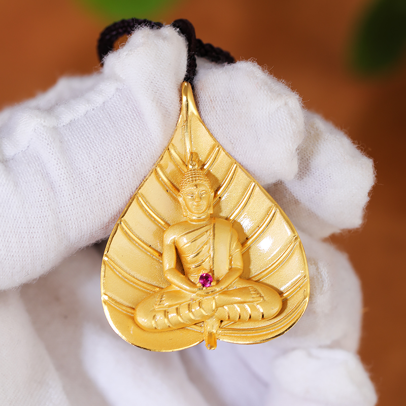 S999足银佛牌吊坠银镀金一叶菩提藏式菩提叶释迦牟尼吊坠挂件挂饰