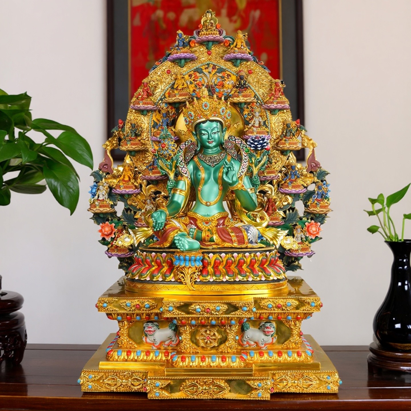 尼泊尔工艺彩绘二十一度母大圆满纯铜手工錾刻绿度母铜像供奉摆件