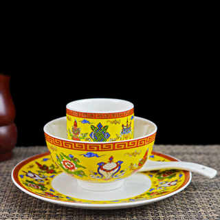 藏式陶瓷民族风餐馆餐厅餐具 黄八宝碗碟勺杯托盘家用套装带筷架