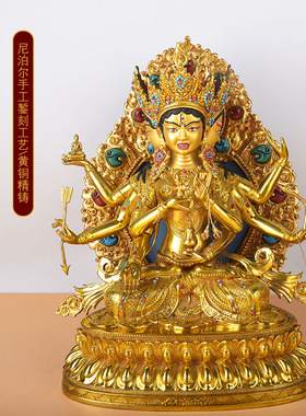 尼泊尔工艺精工黄铜尊胜佛母佛像摆件带背光三头菩萨家居供奉摆件