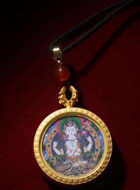 藏式合金镀金嘎乌盒吊坠双面唐卡挂坠财神莲师度文殊观音挂画链