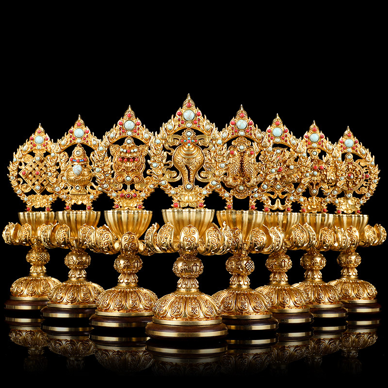 藏式纯铜八吉祥摆件密宗全铜鎏金佛堂供具法轮家用彩绘吉祥八宝
