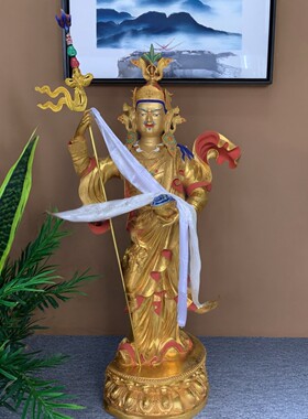 莲花生大士站立像纯铜鎏金莲师像桌面摆件半手工金铜鎏金工艺佛像