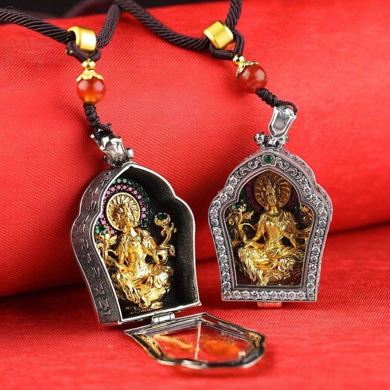 精工S925银铜镀金绿度母菩萨吊坠嘎乌盒绿度母佛像随身嘎乌盒项坠