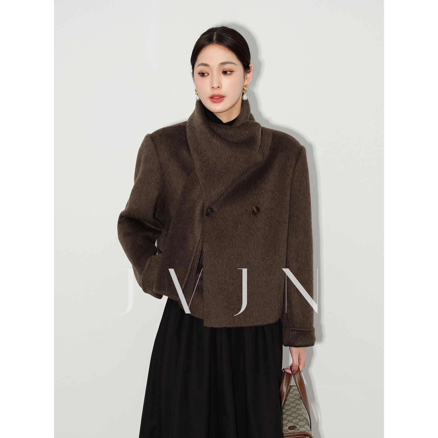 JVJN2024时尚新款美拉德羊毛双面呢大衣女秋冬高级感围巾短款毛呢,女装/女士精品,毛呢外套,淘宝优惠券,粉丝福利购,淘宝优惠卷