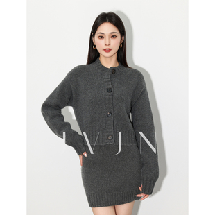 JVJN格雷系时髦知识分子风针织开衫 毛衣女加宽高腰半裙ROW风套装