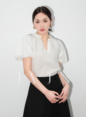 JVJN白色冰感天丝亚麻木耳边立领花苞袖衬衫女V领宽松气质上衣夏B