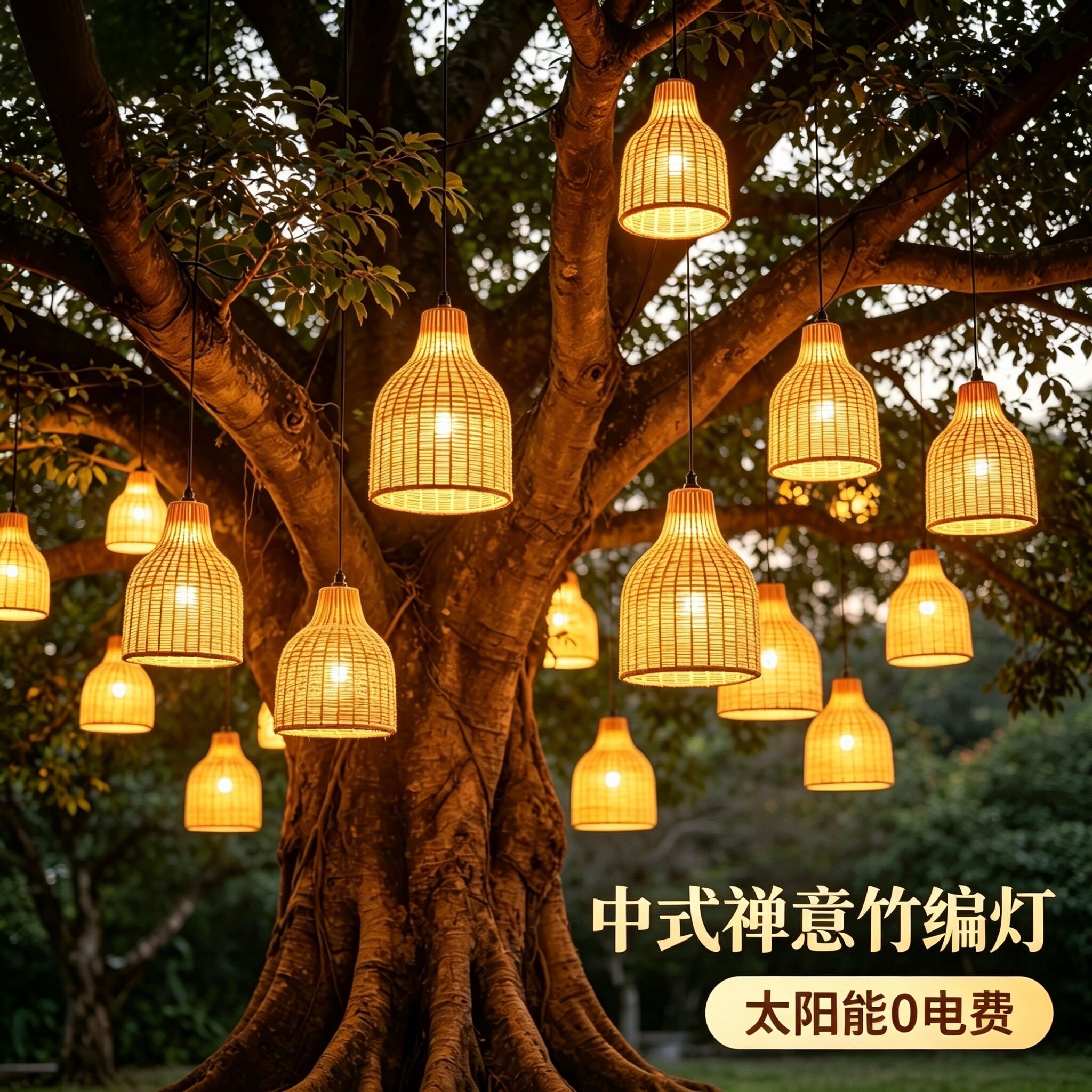 太阳能中式禅意防竹编灯笼