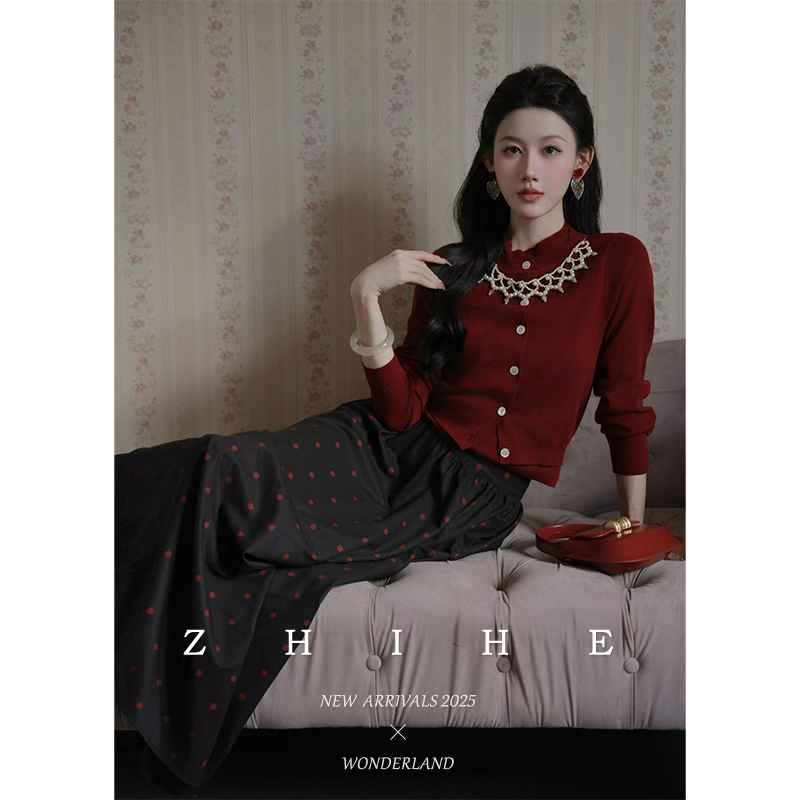 无艳一禾【波士圆舞曲】法式绵羊毛针织背心+针织衫+波点半裙