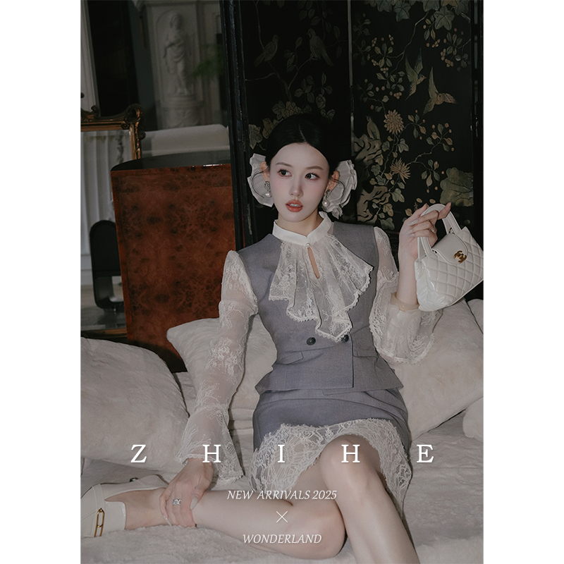无艳一禾【浮士德】法式蕾丝时髦荷叶边衬衫女士开春穿搭三件套装