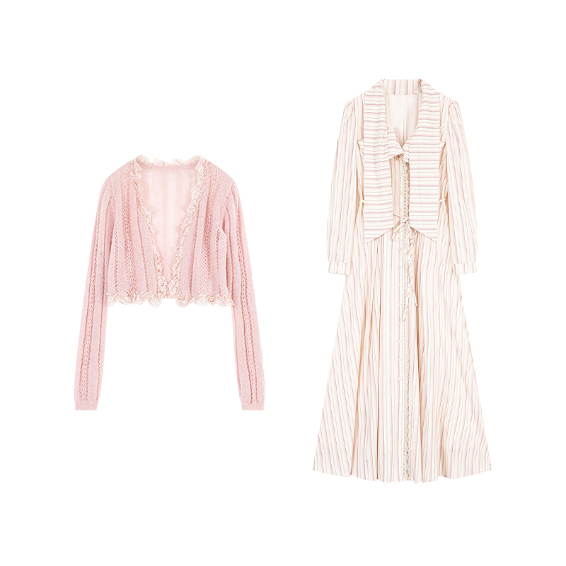 至禾Wonderland【奥维小镇】原创纯棉蝴蝶结领条纹连衣裙+针织衫