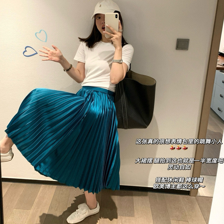 CherieBunny光泽垂坠高温压褶鎏光缎面百褶秋冬优雅风琴长裙半裙