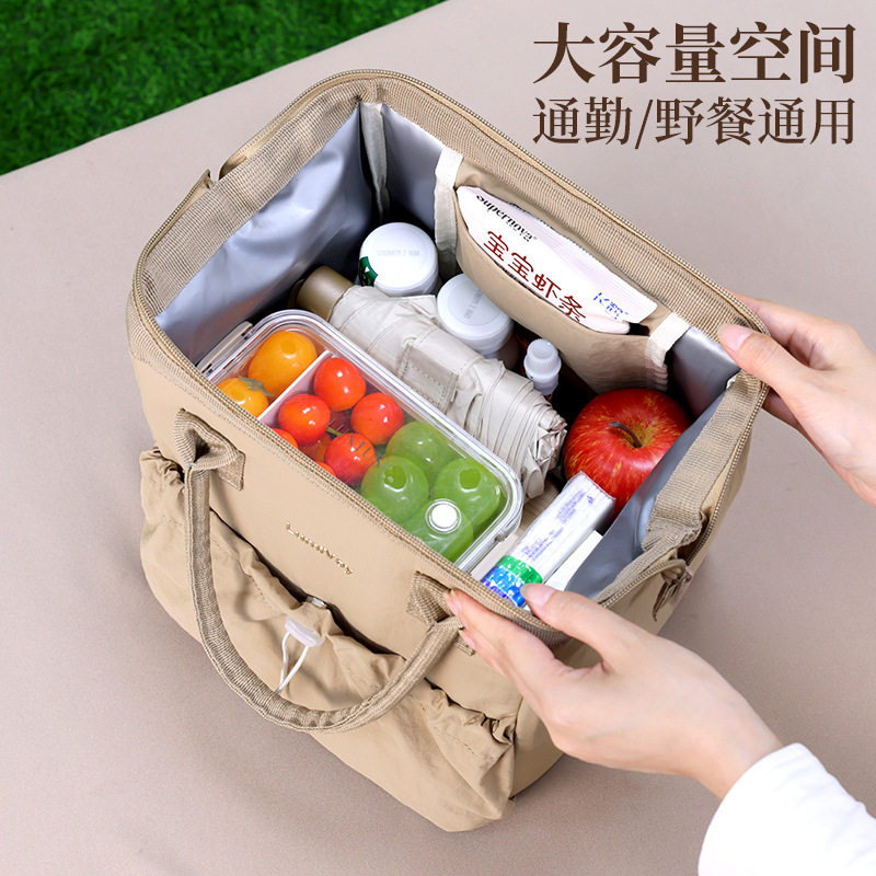 手提纯色手提便当保温包大容量冷热两用学生上班族带饭午餐饭盒包