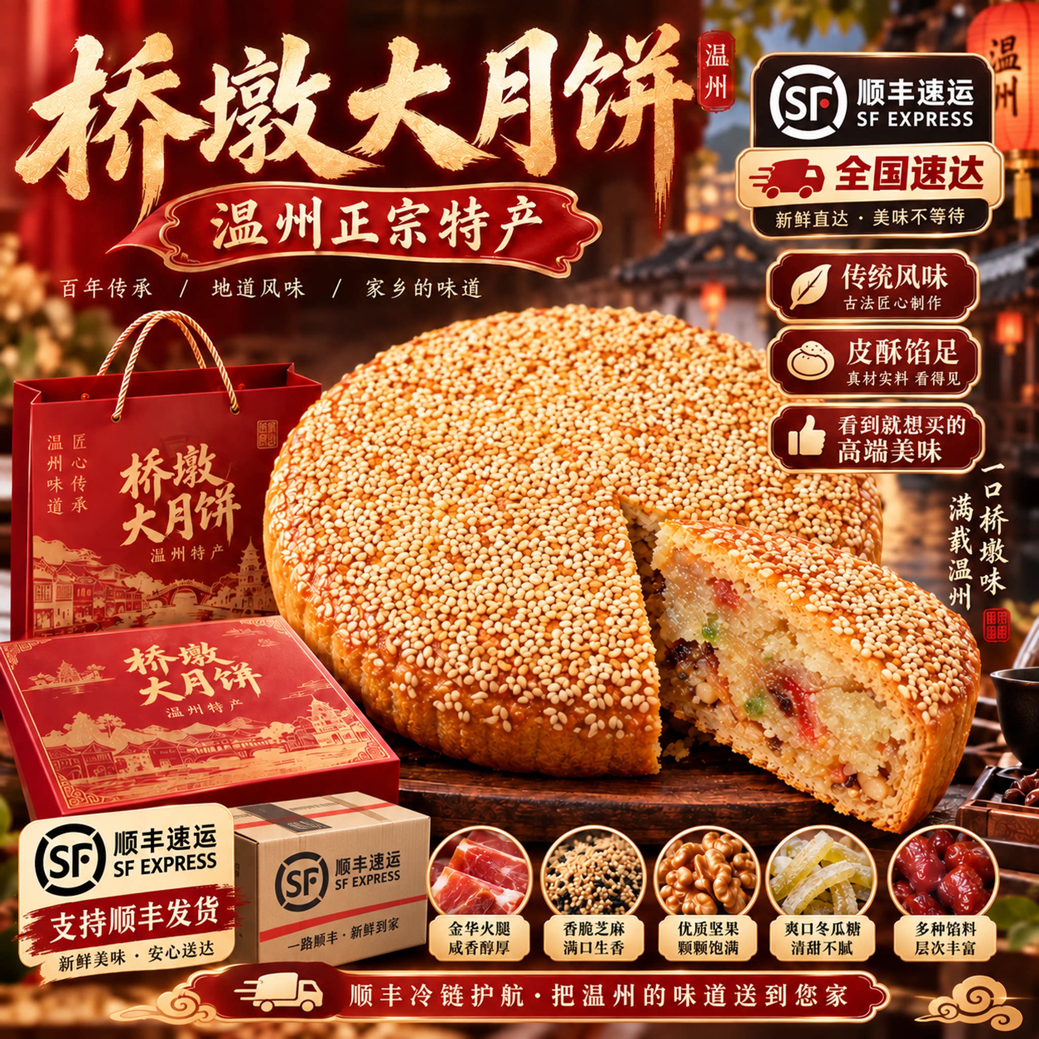 传统老式！正宗温州桥墩大月饼五仁鲜肉蛋黄肉松手工制作礼盒装