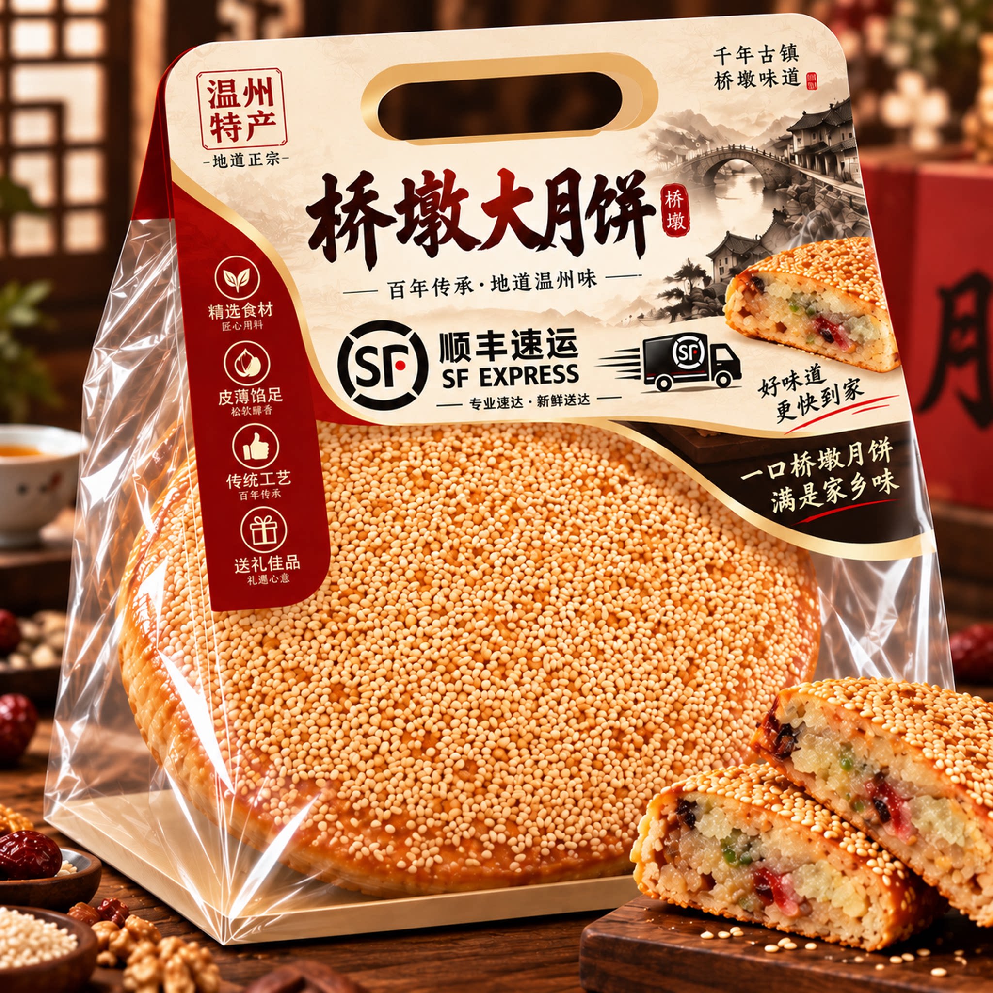 传统老式！正宗温州桥墩大月饼五仁鲜肉蛋黄肉松手工制作礼盒装