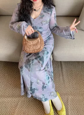 金大支茶歇法式连衣裙女长袖2025年新款春秋装胖mm大码女装长裙子