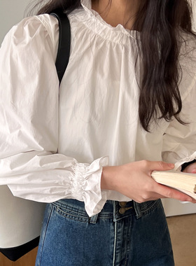 JillZoo法式木耳边衬衫女新款泡泡袖立领长袖设计感宽松衬衣LH