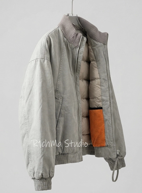 R1chma新款90白鸭绒水洗做旧加厚羽绒服轰炸机夹克男日常宽松外套