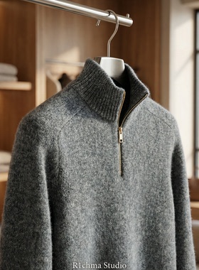 R1chma轻奢极简风100%纯山羊毛衫男半高领拉链针织衫加厚毛衣宽松