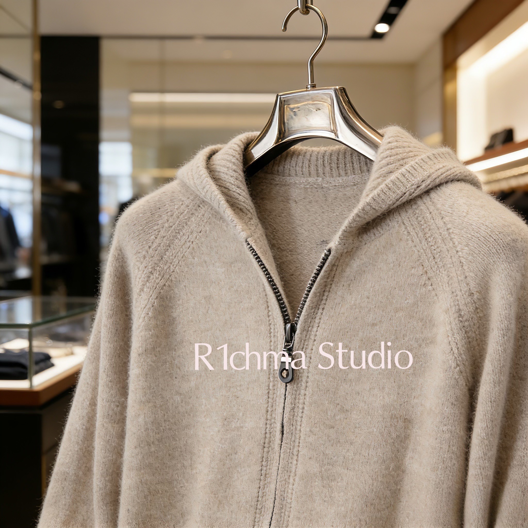 Richma男士纯羊毛拉开衫宽松连帽加厚毛衣外套休闲商务针织羊绒衣