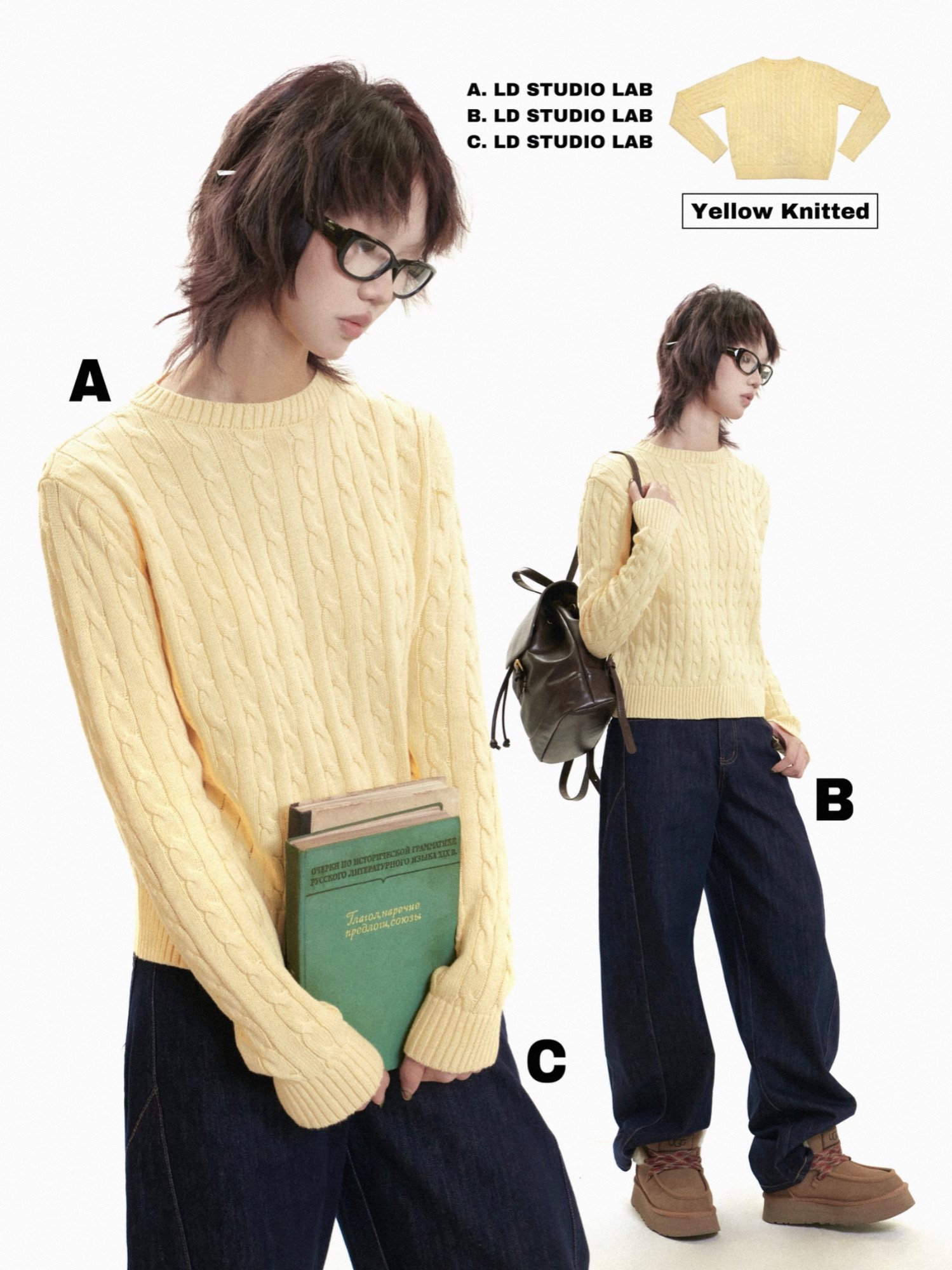 LDSTUDIOLAB原创 拉夫风日系复古黄色圆领麻花针织套头毛衣春季