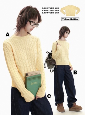 LDSTUDIOLAB原创 日系复古黄色圆领针织套头毛衣内搭秋冬