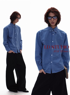 LDSTUDIOLAB原创 日系复古基础百搭蓝格纹宽松格子长袖衬衫男女