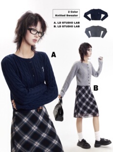 LDSTUDIOLAB原创 日系复古灰色藏蓝logo刺绣圆领针织开衫毛衣外套