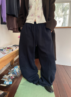 LDSTUDIOLAB原创 复古简约藏青色宽松抽绳廓形弯刀水洗卫裤休闲裤