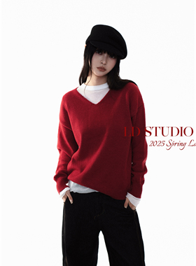 LDSTUDIOLAB日系复古红色V领氛围感长袖针织衫穿搭显白套头毛衣女