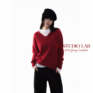 LDSTUDIOLAB日系复古红色V领氛围感长袖针织衫穿搭显白套头毛衣女