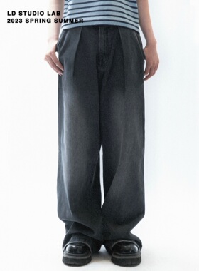 阔腿拖地宽松水洗复古灰色做旧破坏牛仔裤高个子男女LDSTUDIOLAB