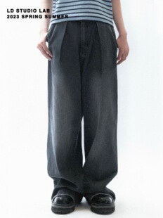 阔腿拖地宽松水洗复古灰色做旧破坏牛仔裤高个子男女LDSTUDIOLAB