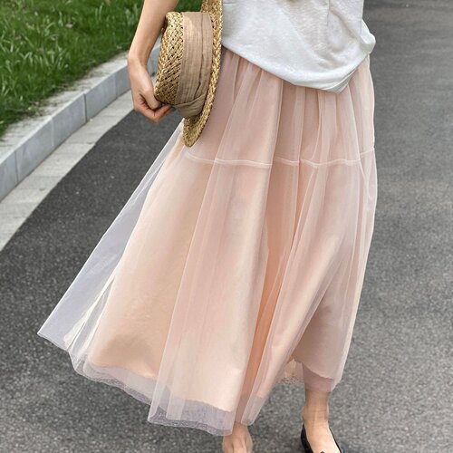 夏季温柔双层网纱松紧腰芭蕾半裙