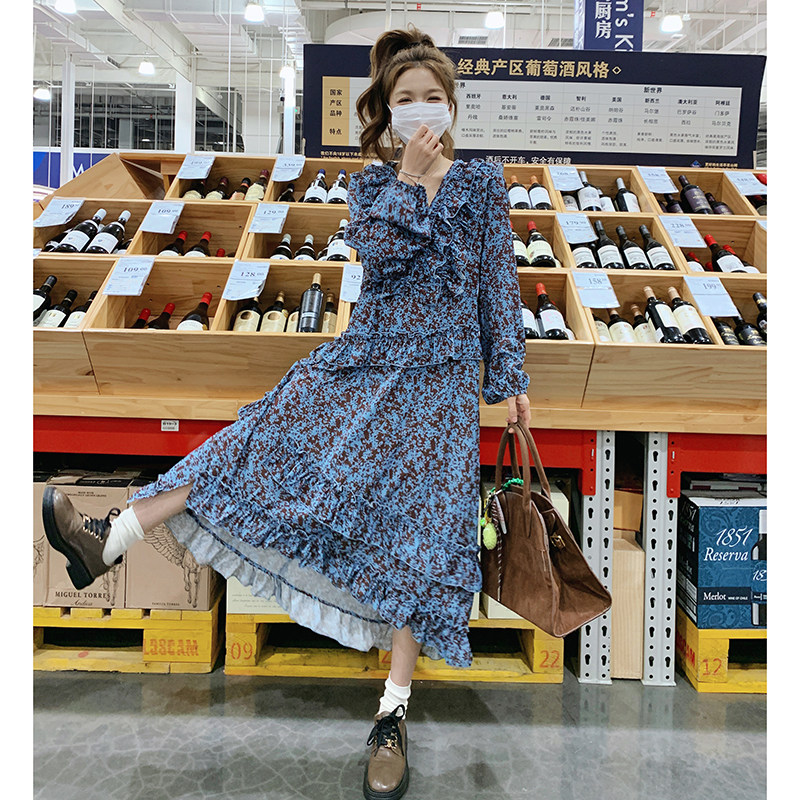 韩系甜美v领碎花长袖连衣裙女2025秋季新款复古宽松小个子a字裙潮,女装连衣裙,2D012