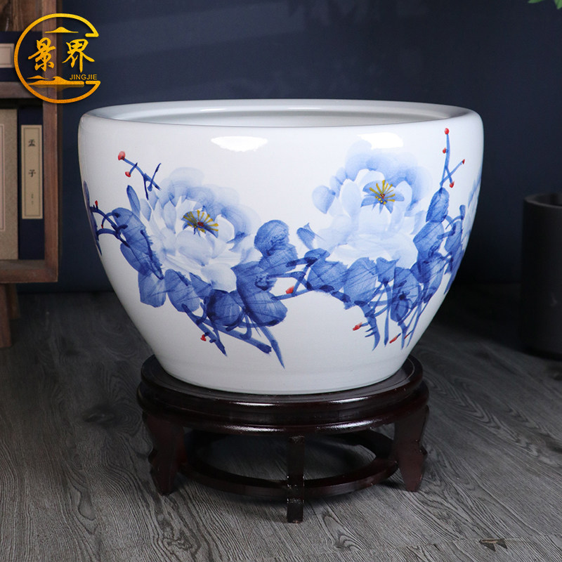 景德镇手绘青花瓷陶瓷金鱼缸客厅养乌龟睡莲盆荷花缸庭院室外水缸