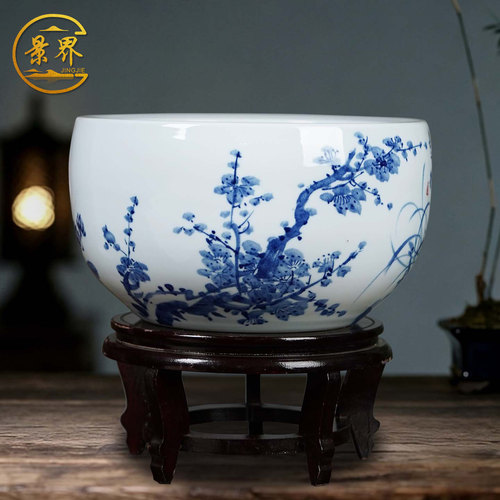 景德镇梅兰竹菊手绘陶瓷鱼缸大号养乌龟睡莲荷花盆客厅阳台风水缸