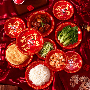 2026一次性新年干果纸盘碟子春节聚会乔迁喜糖瓜子马年红色托餐盘