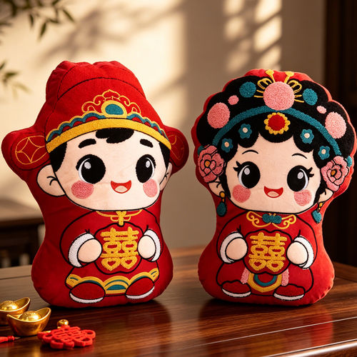压床娃娃一对结婚新款高档婚礼红色喜字抱枕婚庆公仔可爱金童玉女
