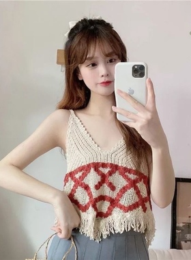 夏季新款镂空白色流苏针织小吊带女设计感小众外穿短款内搭小背心