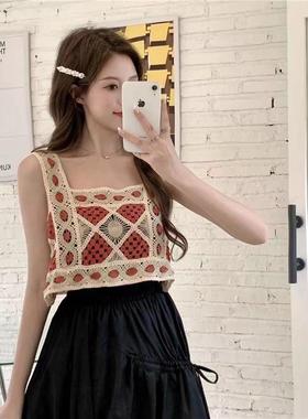 法式吊带无袖背心女春秋外穿设计感小众内搭叠穿镂空性感针织上衣