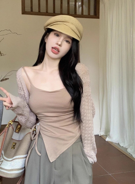 纯欲法式不规则开叉吊带 带胸垫女夏季系带设计感外穿甜辣上衣女