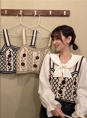 复古人气刺绣针织吊带女格纹花朵小背心辣妹穿搭无袖短款外搭上衣