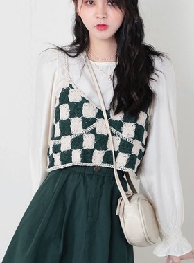 吊带外穿衬女港风复古拼色格子短款宽松百搭甜美粗毛线外搭小背心