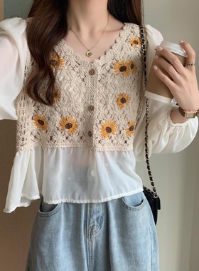别致上衣设计感刺绣长袖衬衫女夏薄款2024新款法式V领开衫衬衣潮