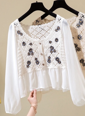 春夏新款法式复古钩花宽松镂空小雏菊刺绣宽松V领雪纺衬衫女上衣